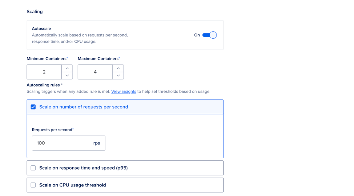 The Resource Size section of the Settings page, showing the autoscaling options.