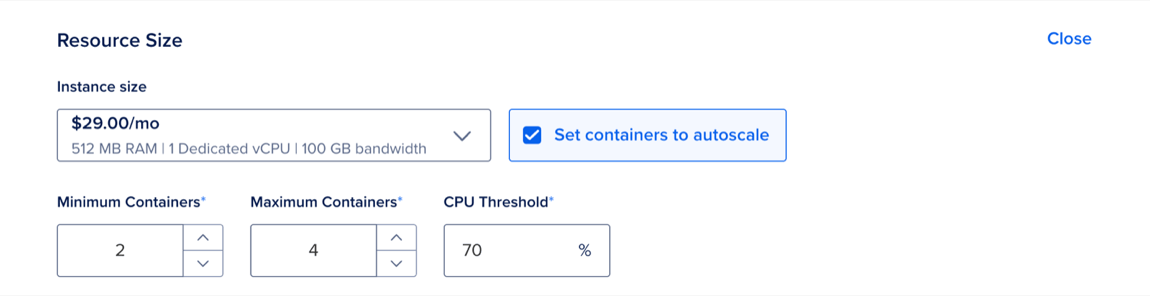 The Resource Size section of the Settings page, showing the autoscaling options.