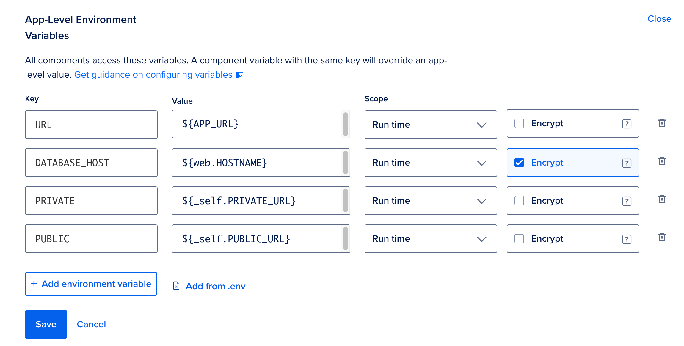 Setting an example environment variable in the control panel.