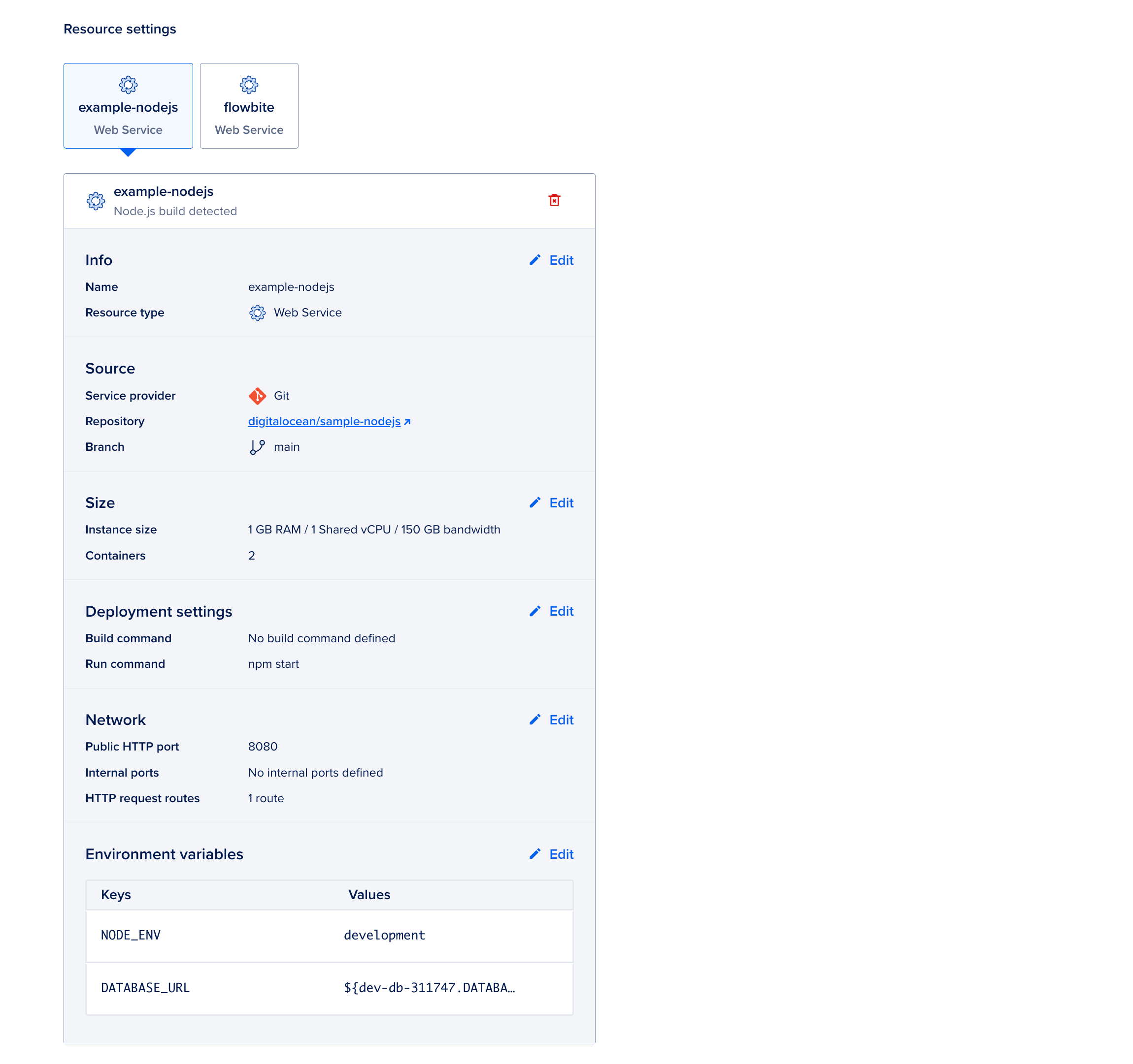 The Resource settings table showing configuration settings that were copied from the original app.