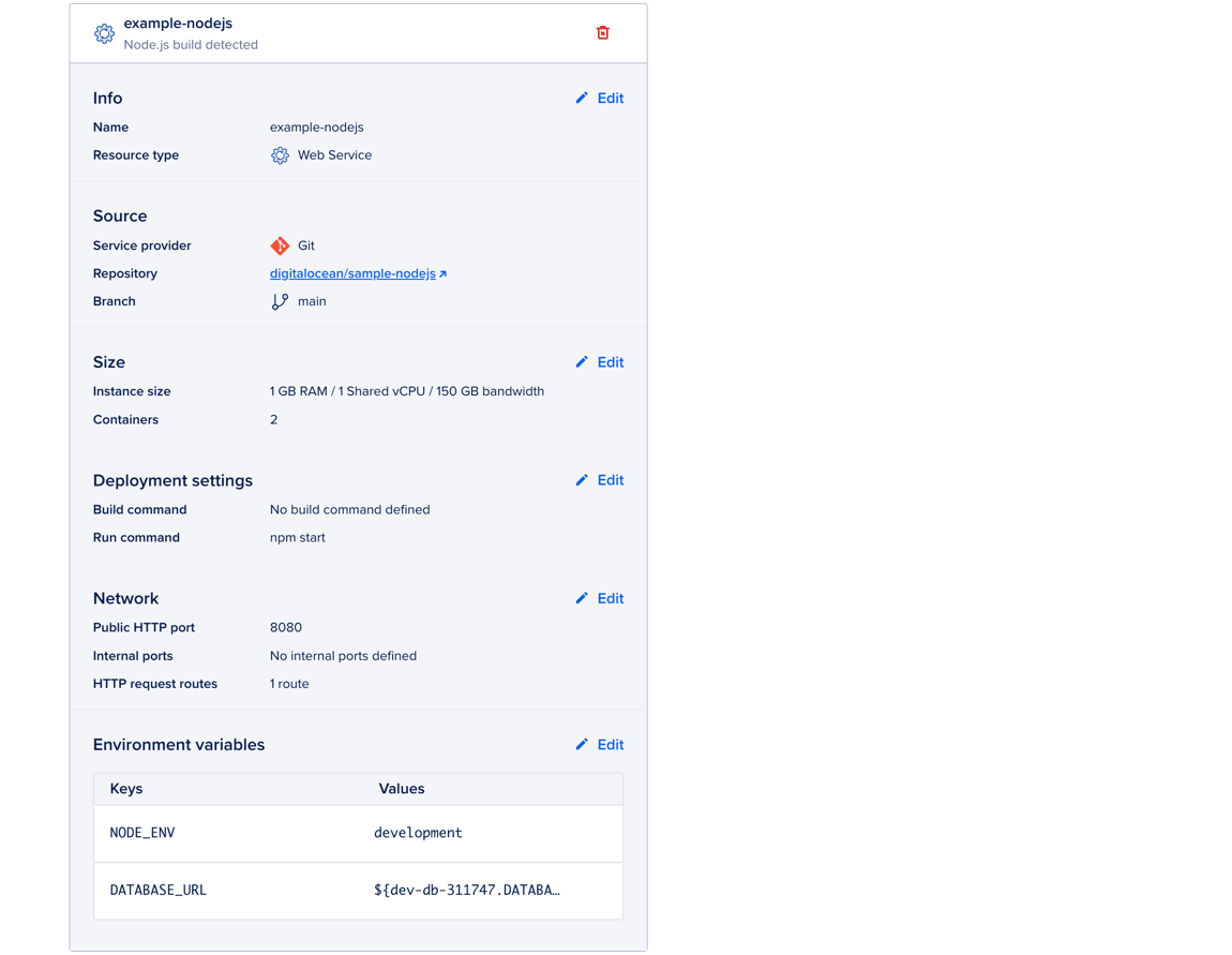 The Resource settings table showing configuration settings that were copied from the original app.