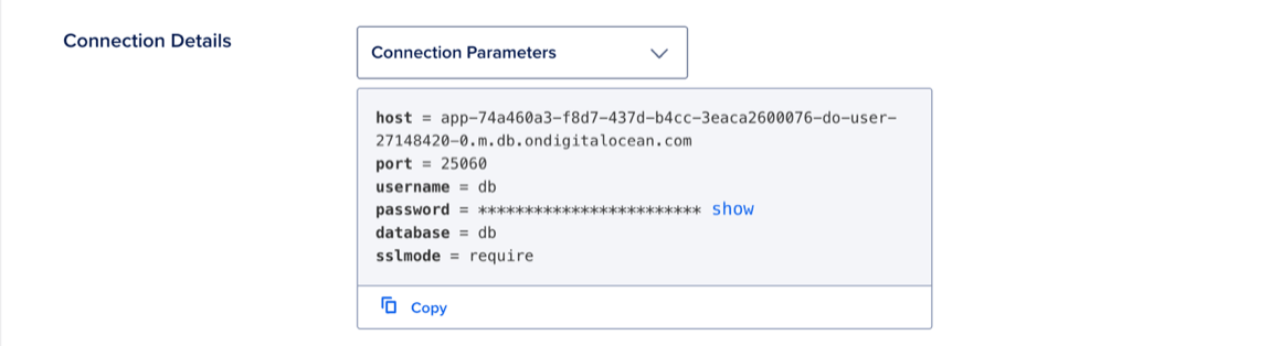 Connection details section of the Settings page.