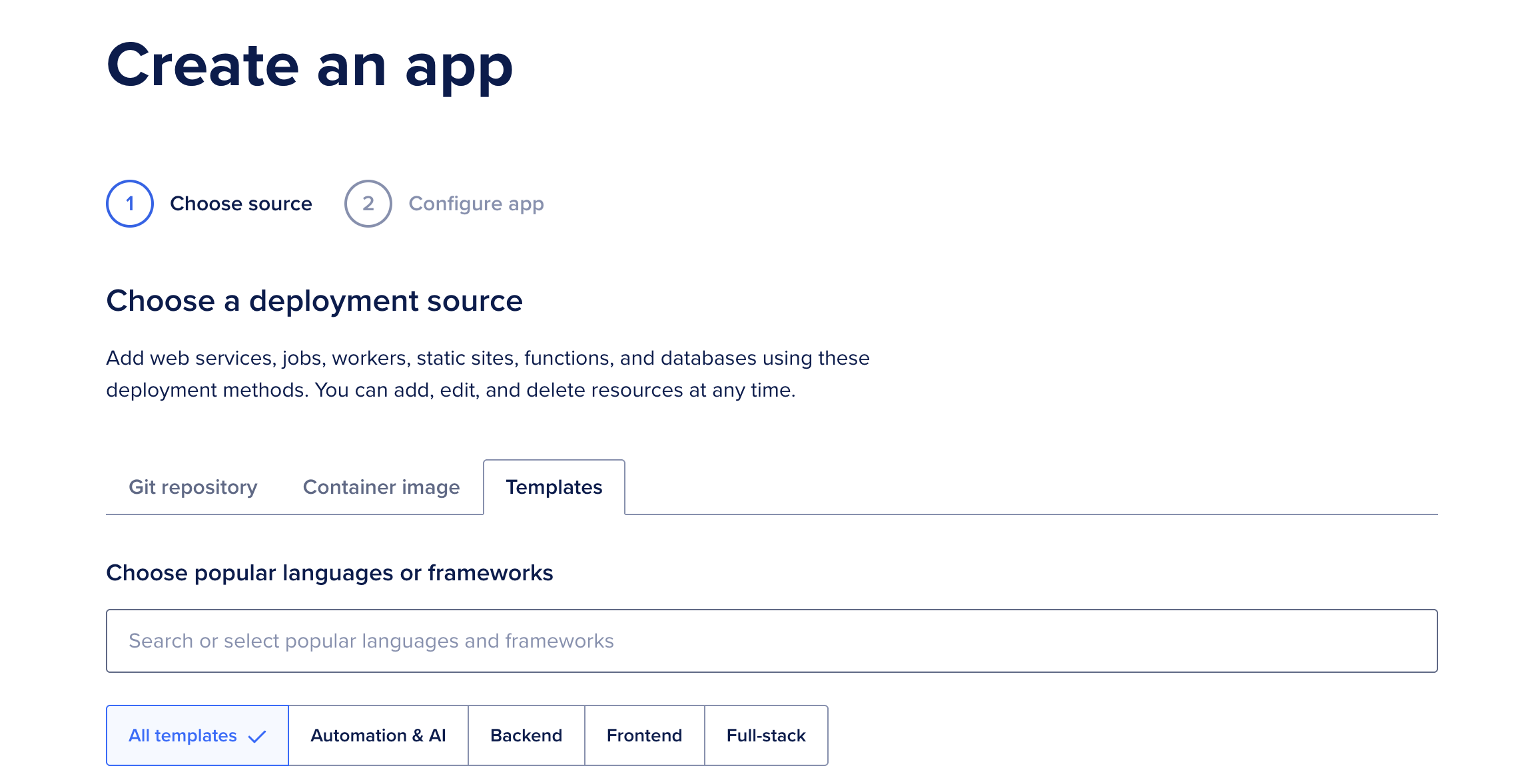 A screenshot of the Create an app page with the Templates tab selected.