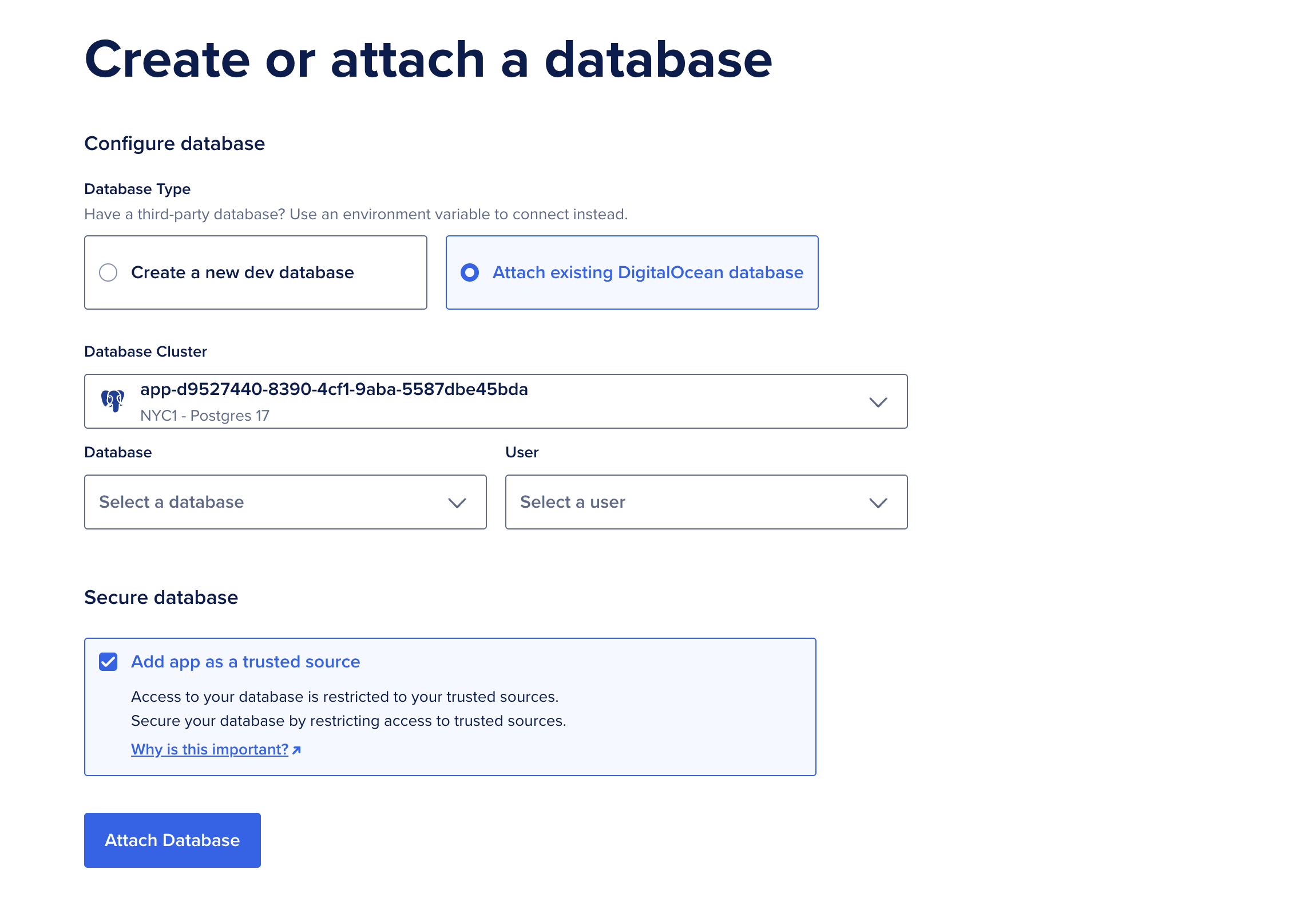 Configure database page with Previously Created DigitalOcean Database option selected and fields filled out.