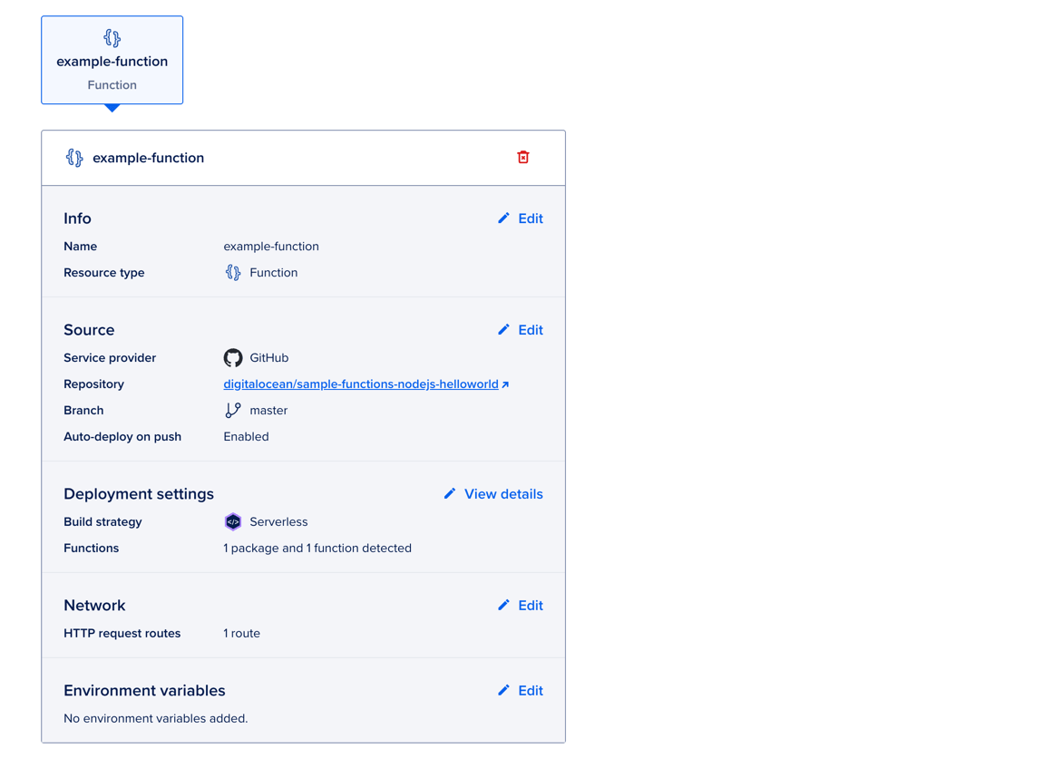 The Resource settings table showing a function selected as the Resource type and configuration settings for a function.