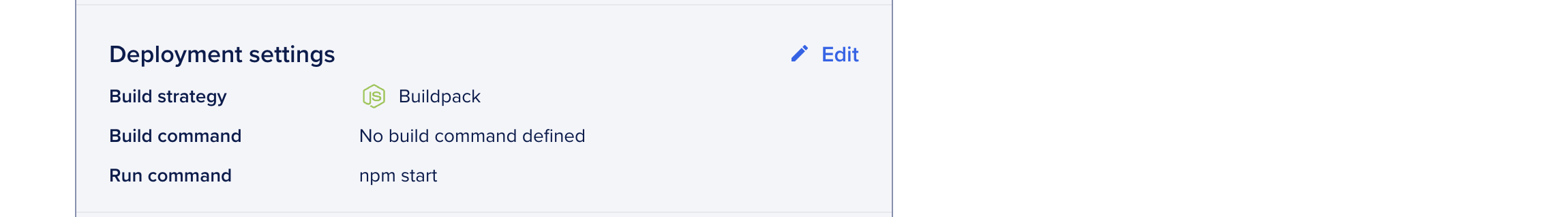 The Deployment settings section, showing the Node.js run command npm start.