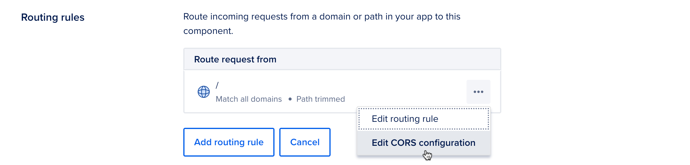 The Routing rules section with the Edit CORS configuration menu item highlighted.