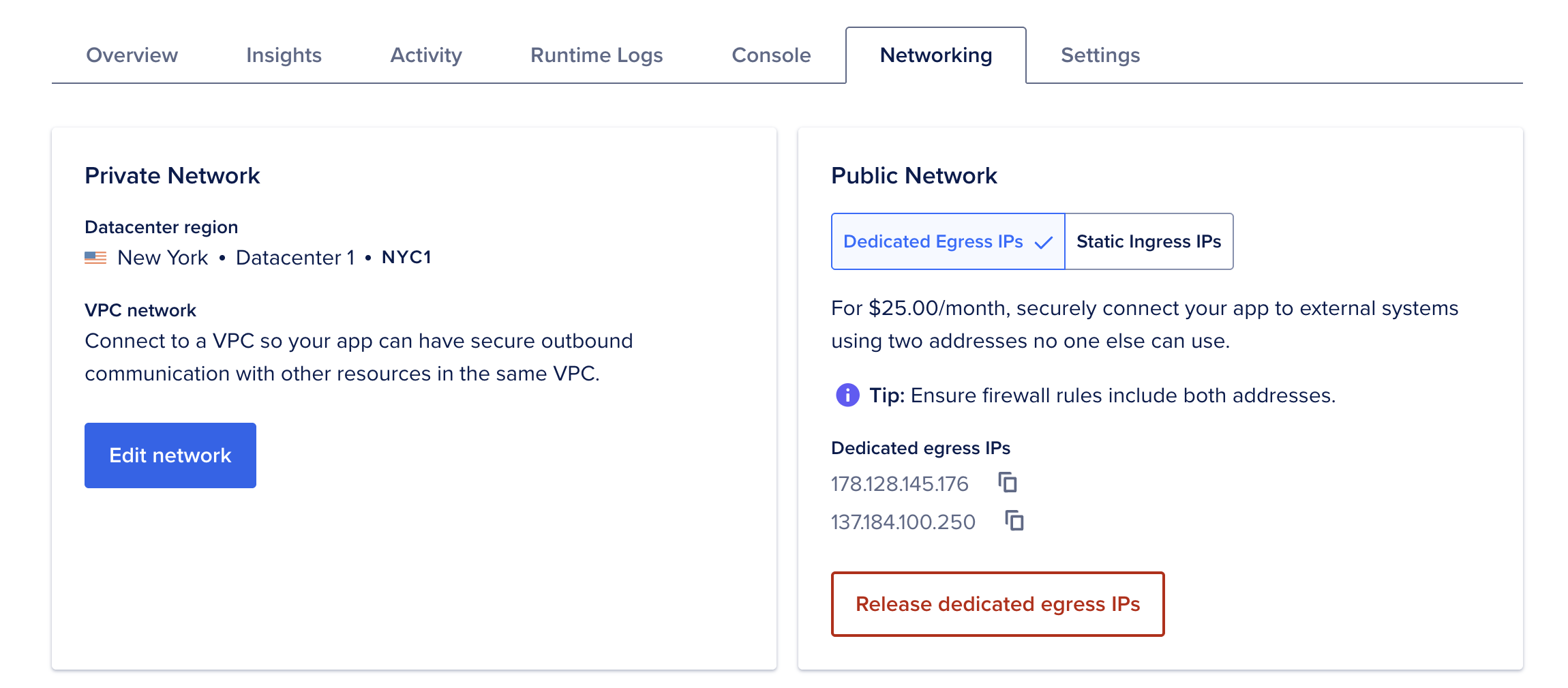 Networking tab showing the Private Network and Public Network areas