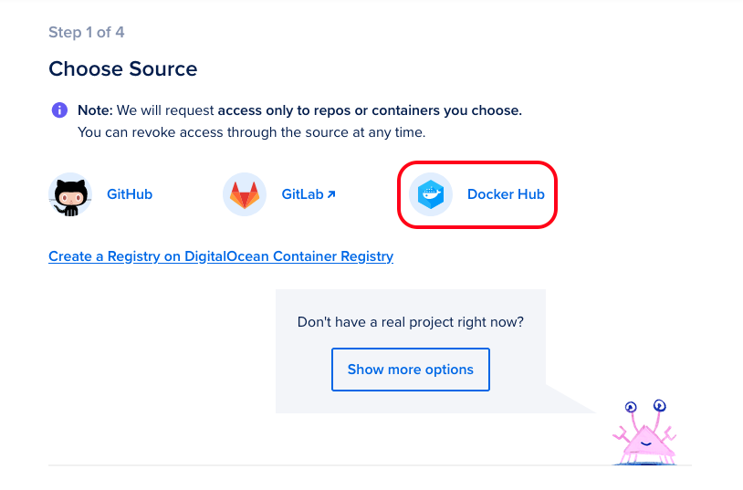 Control panel interface indicating step 1 of 4. 'Choose Source' is the headline and there are options for GitHub, GitLab, and Docker Hub. 'Docker Hub' is highlighted