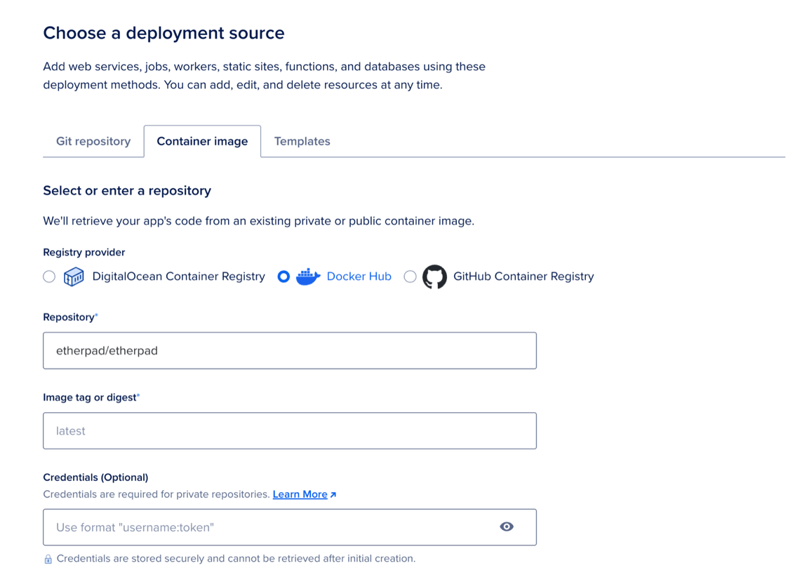 The Create an app screen showing the Container image tab and Docker Hub selected. The Repository field shows etherpad/etherpad.