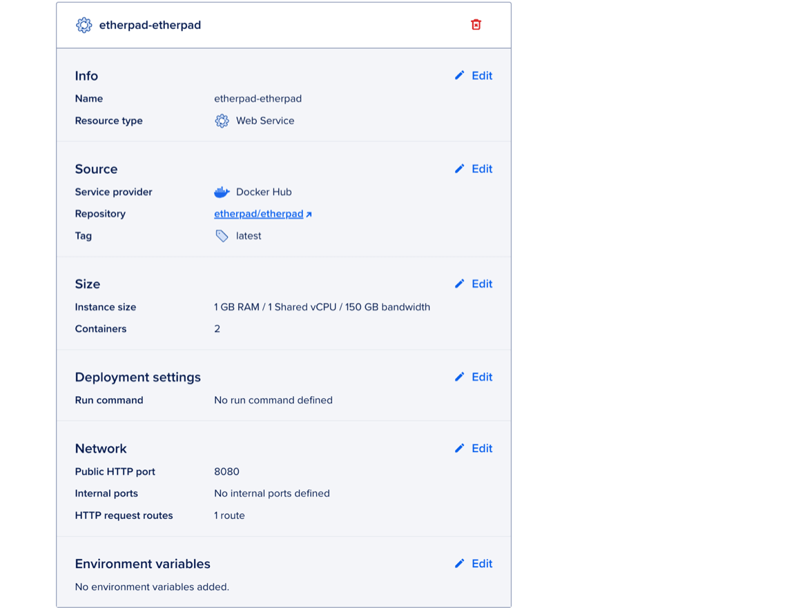 The Resource settings table with configuration options for the app.