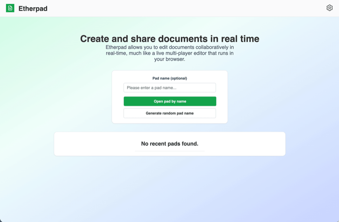 The Etherpad app index page with a 'Open pad by name' button.