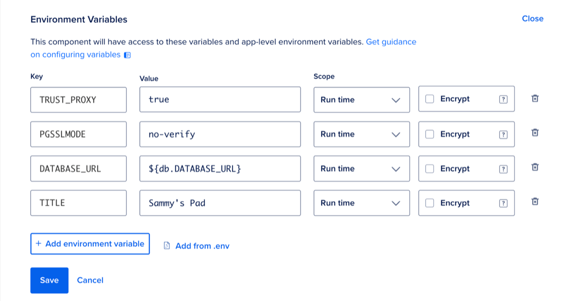 Environment variable configuration interface, with a new 'TITLE' variable and 'Sammy's Pad' as the associated value.