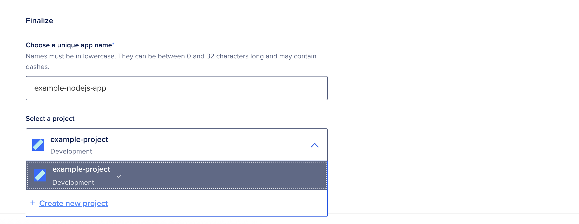The Finalize area with an example project tagged as development selected.