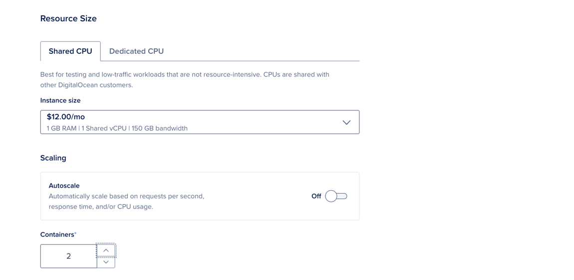 The Resource Size section of the Settings page, showing the Containers field.