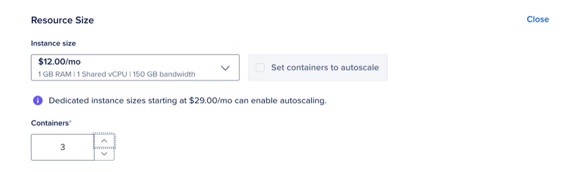 The Resource Size section of the Settings page, showing the Containers field.