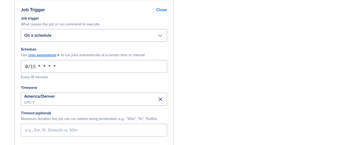 The Job Trigger section showing the On a schedule option selected, and a cron expression that runs the job every 15 minutes.