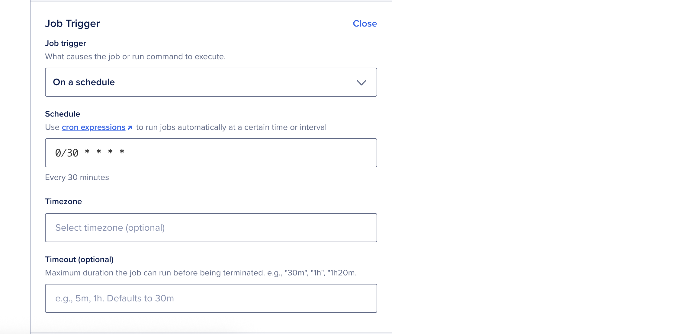 The Job Trigger section showing On a schedule selected, and a cron expression that runs the job every 30 minutes.