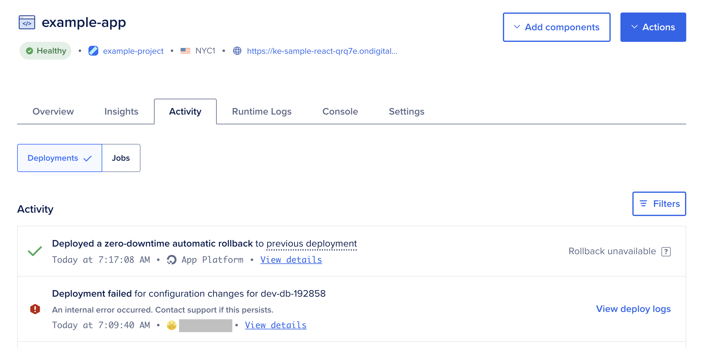 Activity tab displaying app timeline