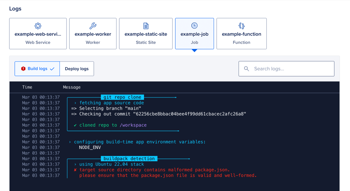 Deployment log entry screen with build and deploy logs displayed