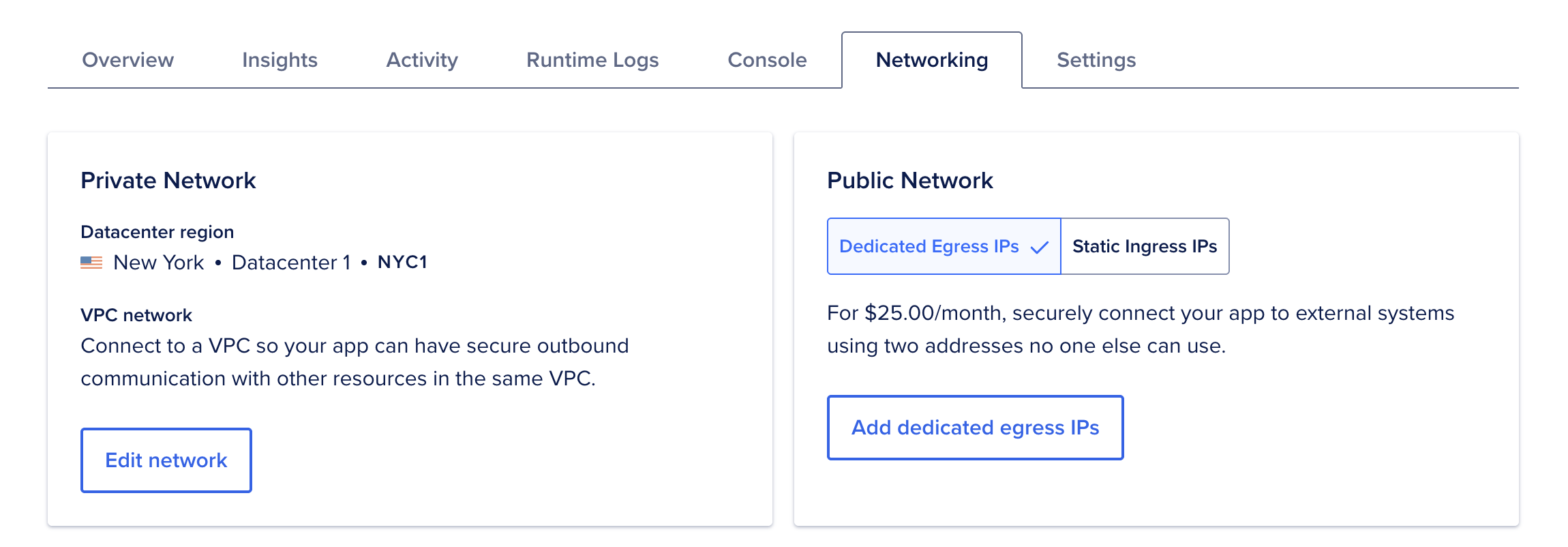 The top portion of the Networking tab, showing the private and public network sections.