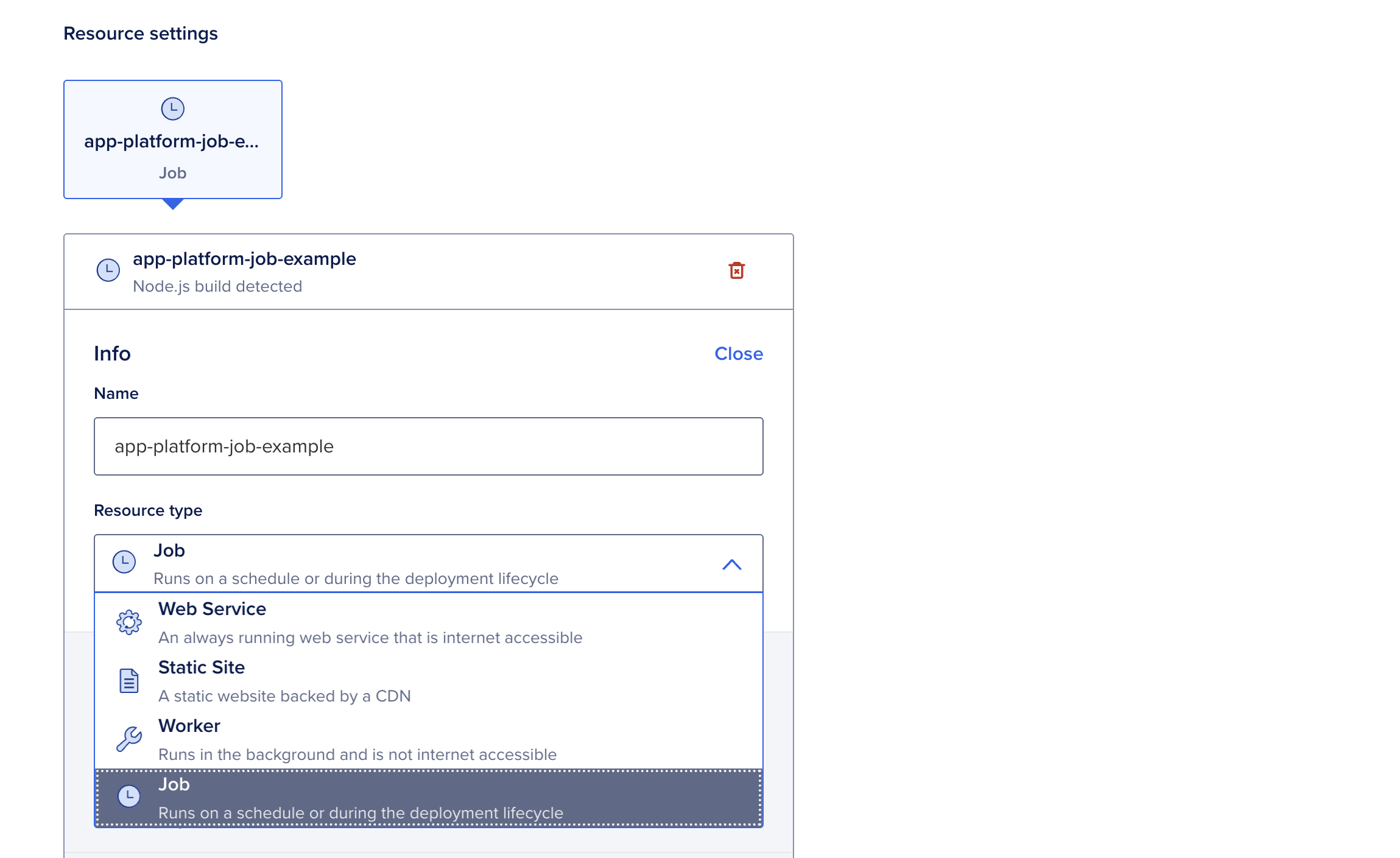 Info section showing the expanded Resource type dropdown menu with Job selected.