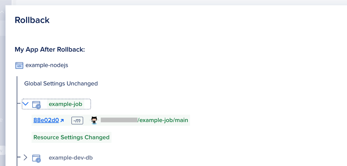 The Rollback window showing an example app and a components whose resource settings changed.