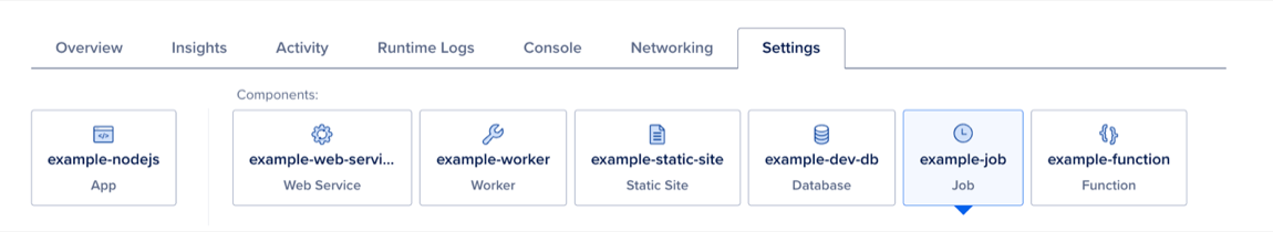The Settings tab showing the app and its components, including a job component.