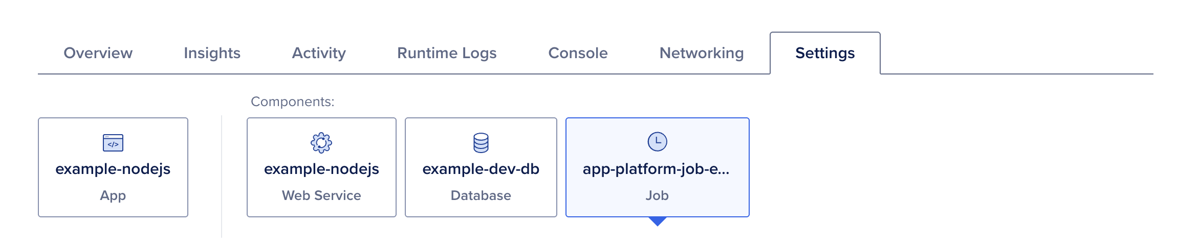 The Settings tab showing the app and its components, including a job component.