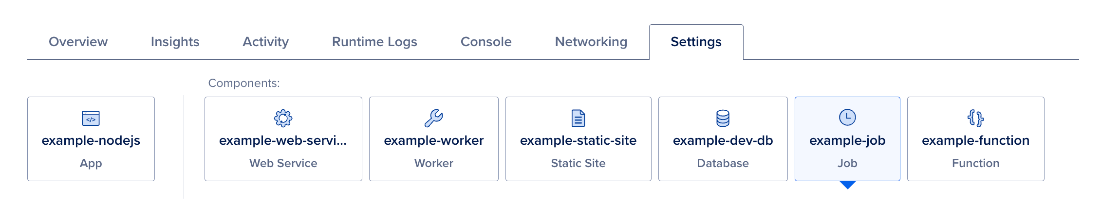 The Settings tab showing the app and its components, including a job component.