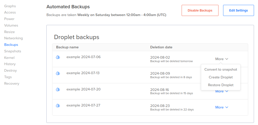 The backup list for a Droplet with the More menu of a specific backup opened