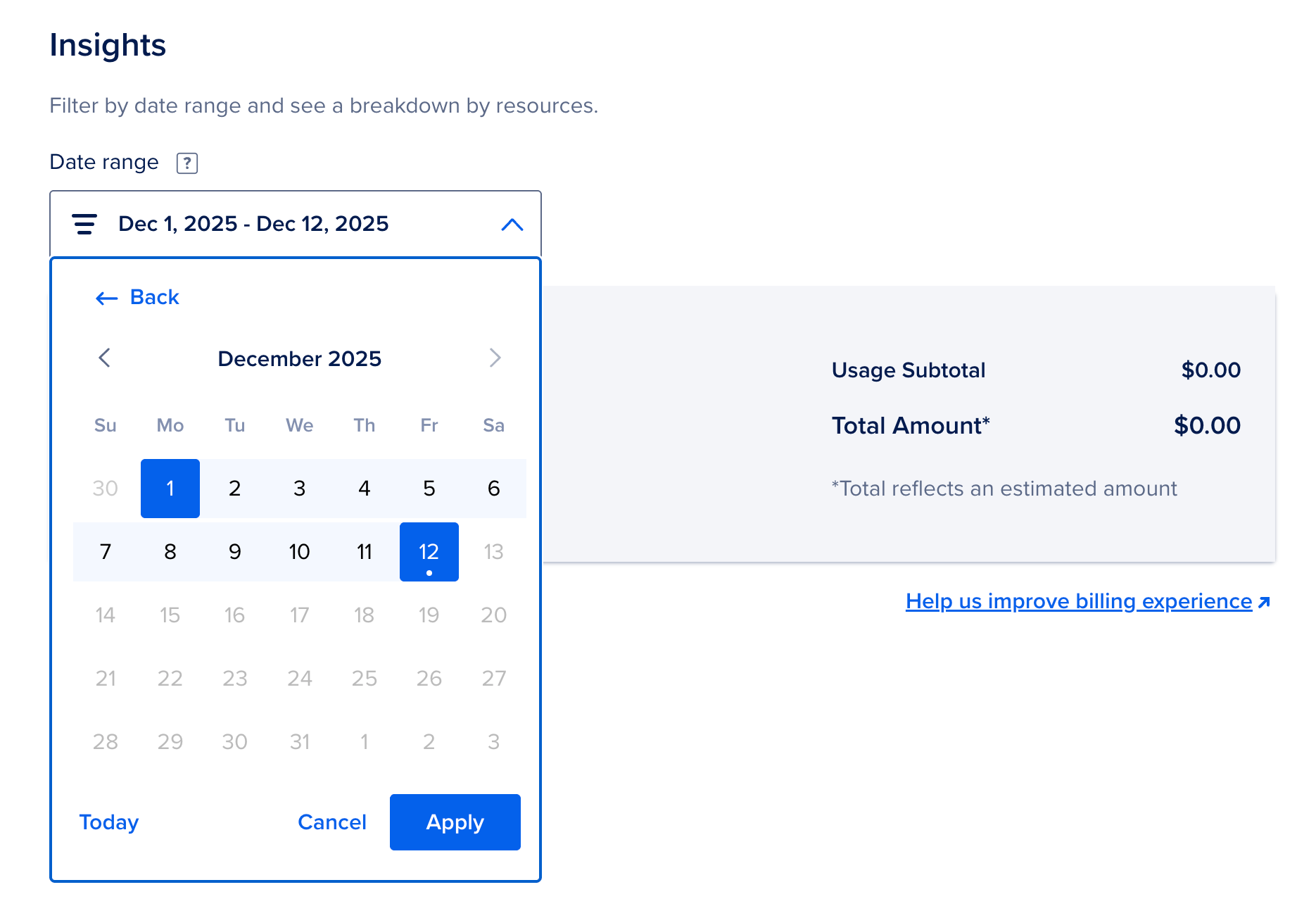 The Billing Insights tab displaying the date range picker dropdown with a calendar view