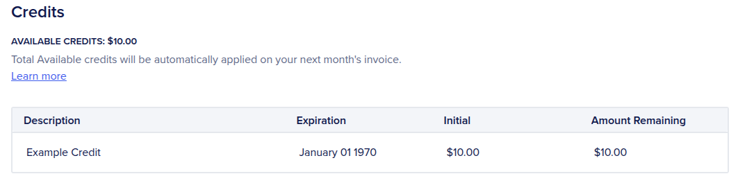 The Credits section of the Billing page