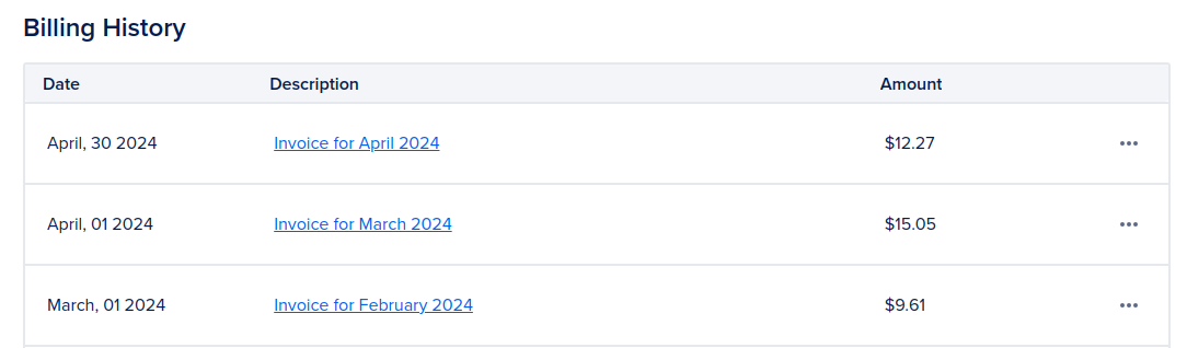 Billing history table showing invoice dates, descriptions, and amounts for different months.