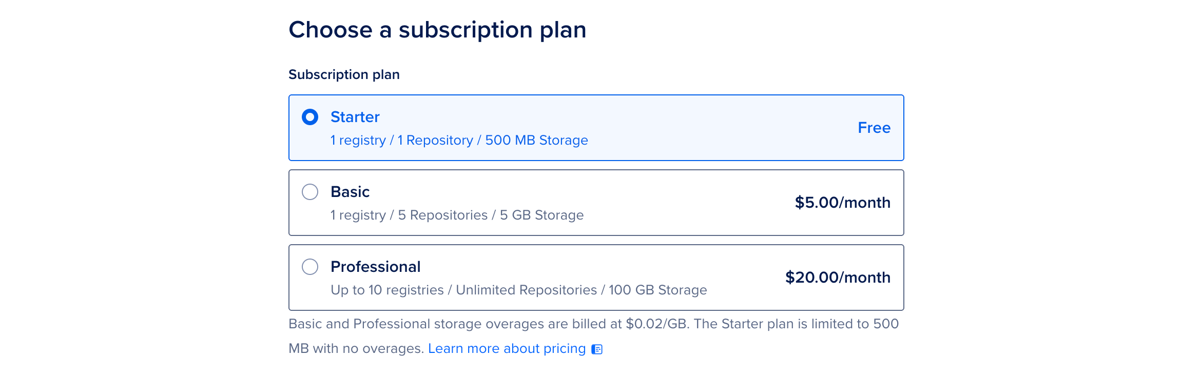 The plan selection menu
