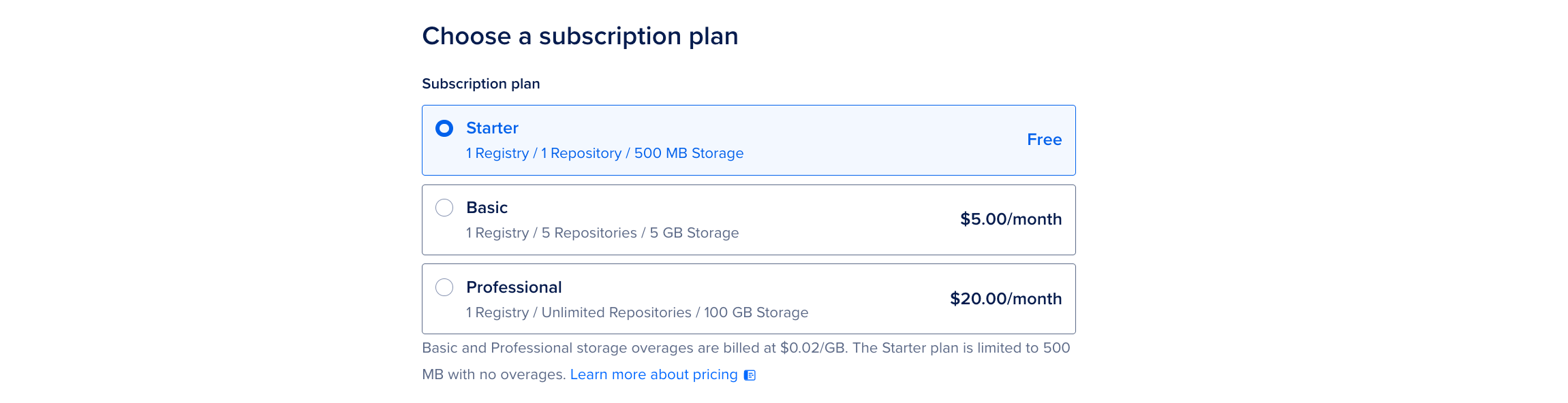 The plan selection menu