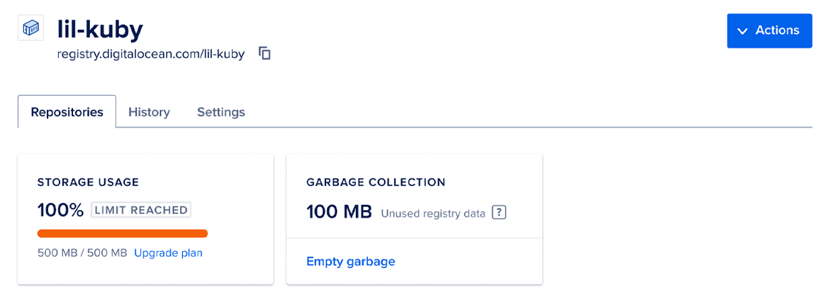 Container registry page showing storage usage and remaining unused registry data available for garbage collection, with options to upgrade the plan or empty garbage.