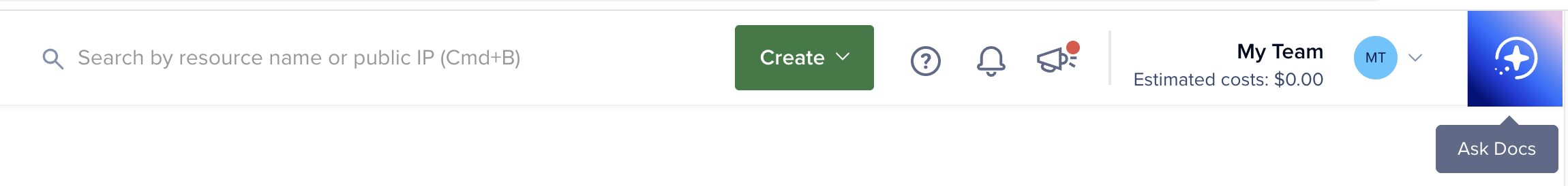 A screenshot of the control panel with the Ask Docs tooltip displaying below the Ask Docs button.
