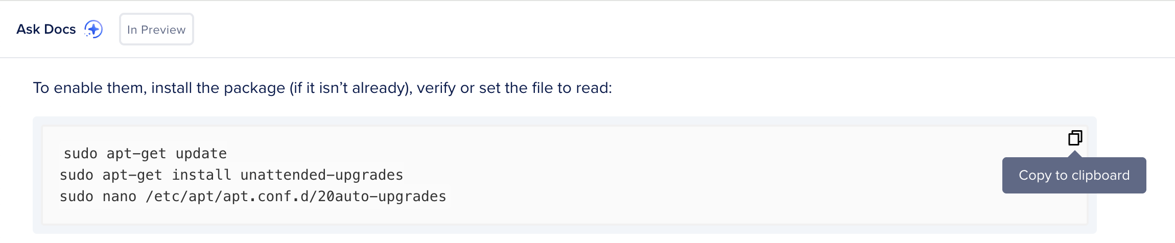 A screenshot of the Ask Docs console with the Copy to clipboard tooltip displaying below the Copy button.