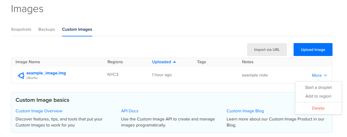 Custom Images page listing uploaded images with image details, and a More dropdown menu for starting a Droplet or deleting the image.