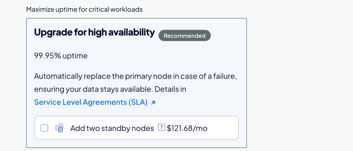 High availability section with standby node upgrade options and no standby node selected.