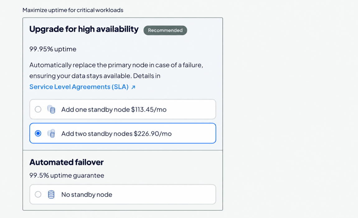High availability section with two standby nodes selected.