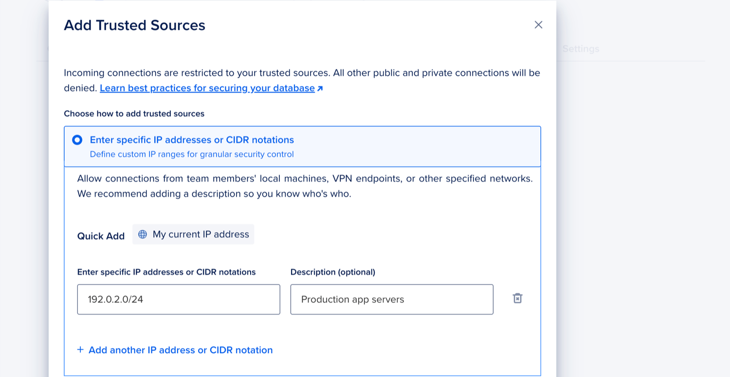 The Add Trusted Sources dialog with the option Enter specific IP addresses or CIDR notations selected, and an example CIDR range shown.