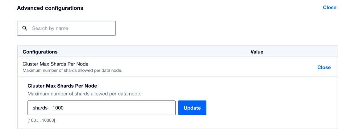 A screenshot of the Control Panel showing an OpenSearch cluster's Advanced configurations, with Cluster Max Shards Per Node set to 1000 shards