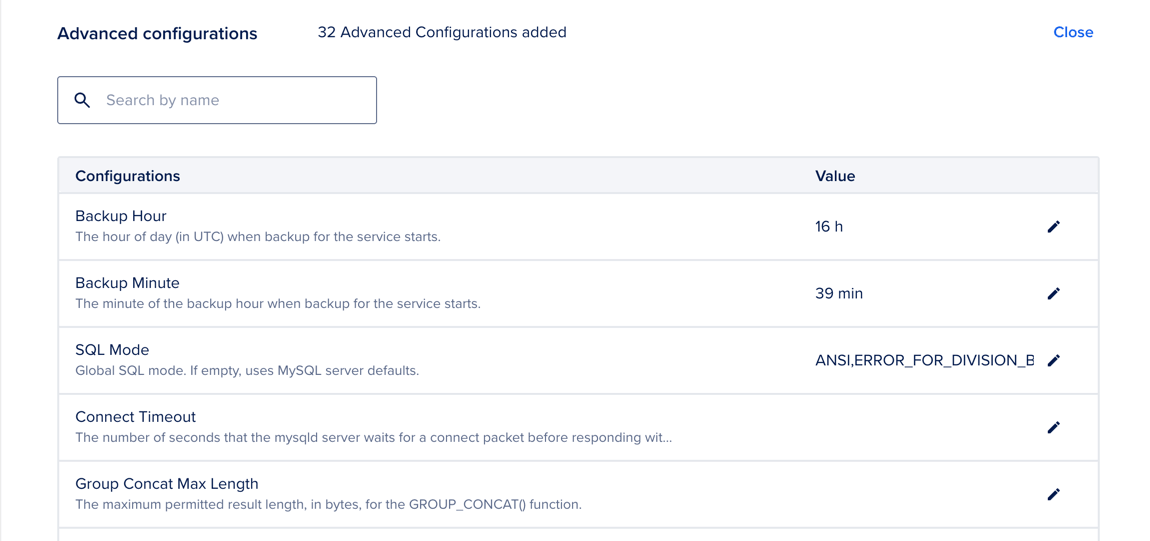 The advanced configurations section