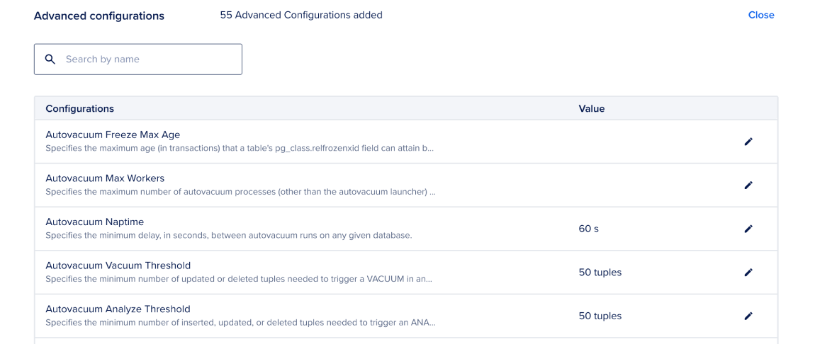The advanced configurations section