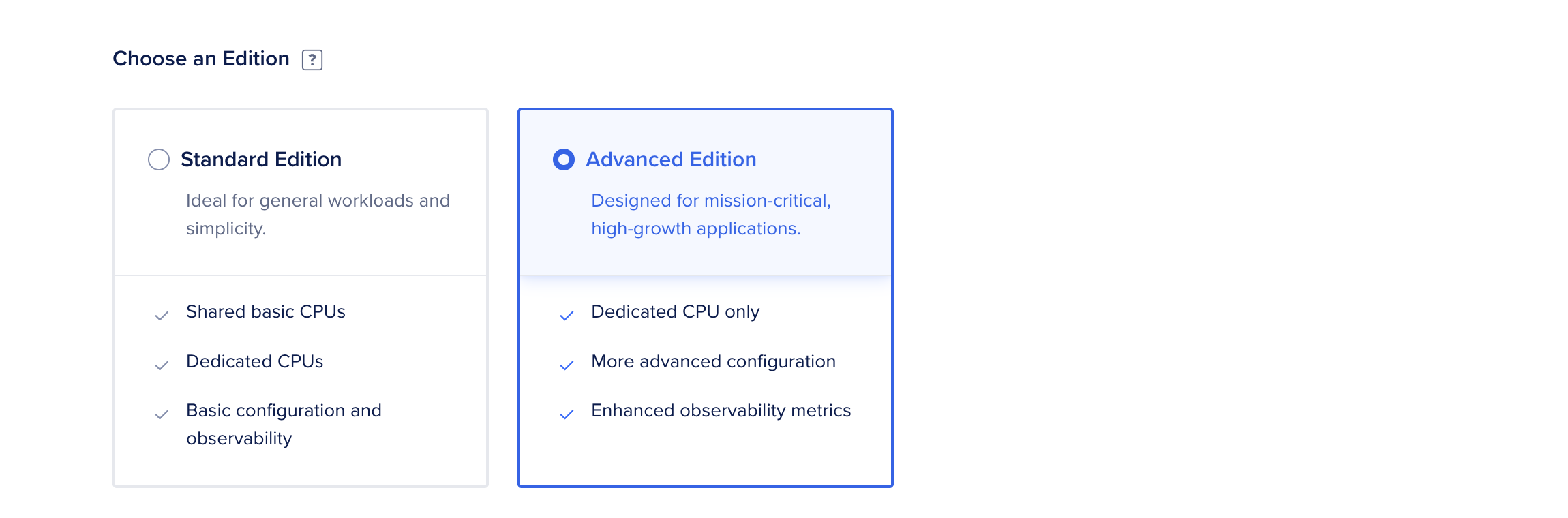 The Choose an edition section of the databases create page