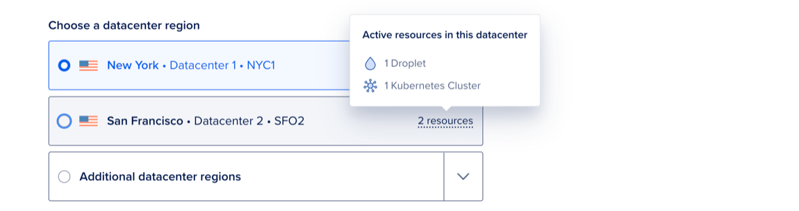 The datacenter selection portion of the databases create page