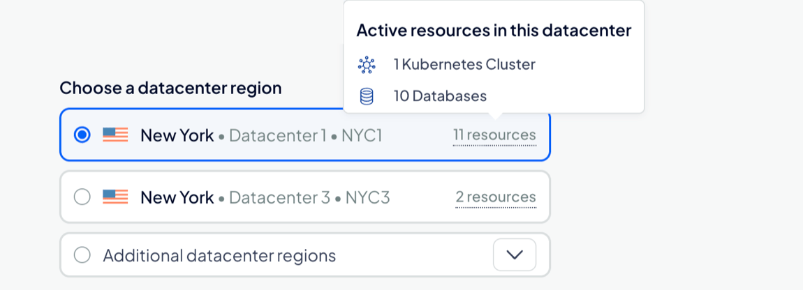 The datacenter selection portion of the databases create page
