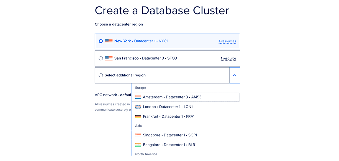 The datacenter selection portion of the databases create page